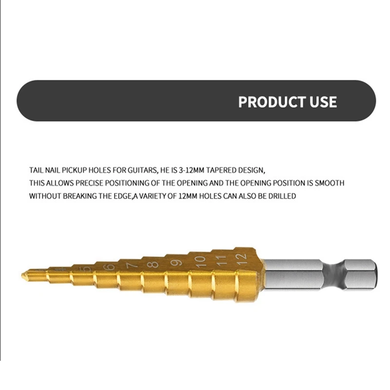 3-12Mm Spiral Grooved Step Drill Hex Step Drill Bit Guitar Tail Peg Pickup Drill Bit 1/4 Inch Hex Step Core Drill Bit