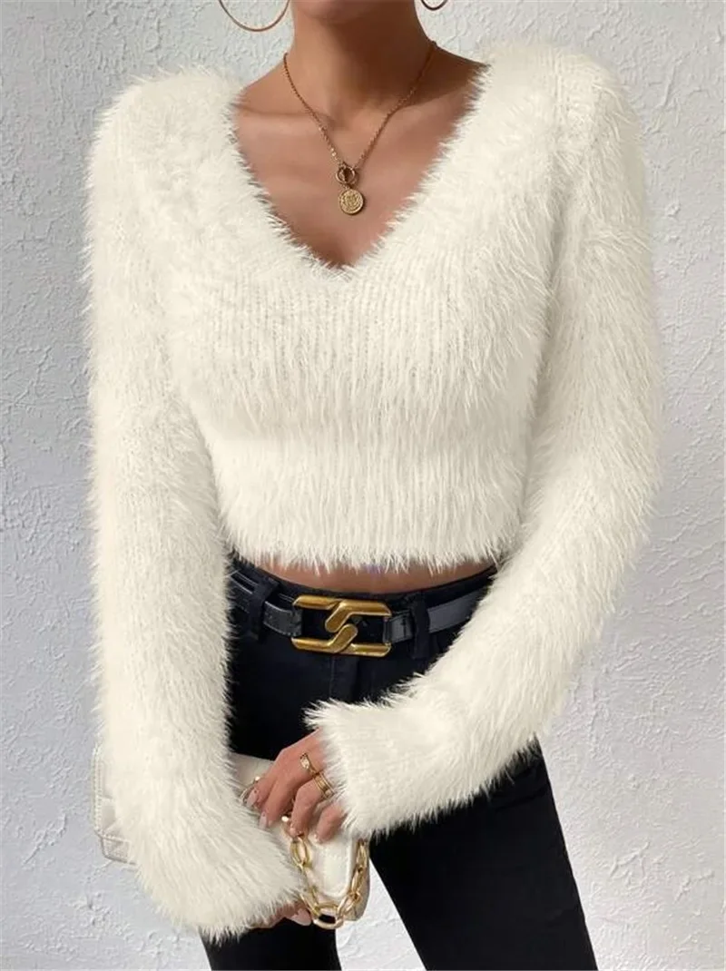 

Women's Furry Short Sweater Versatile Pullover Women Knitting Sweater 2025 Autumn Winter New Solid Color V Neck Slim Fit