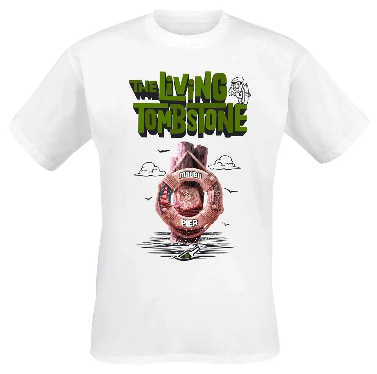 The Living Tombstone Dock Lifebuoy Tee, Retro Beach T-Shirt with Surfer Mascot & Nautical Print for Fans