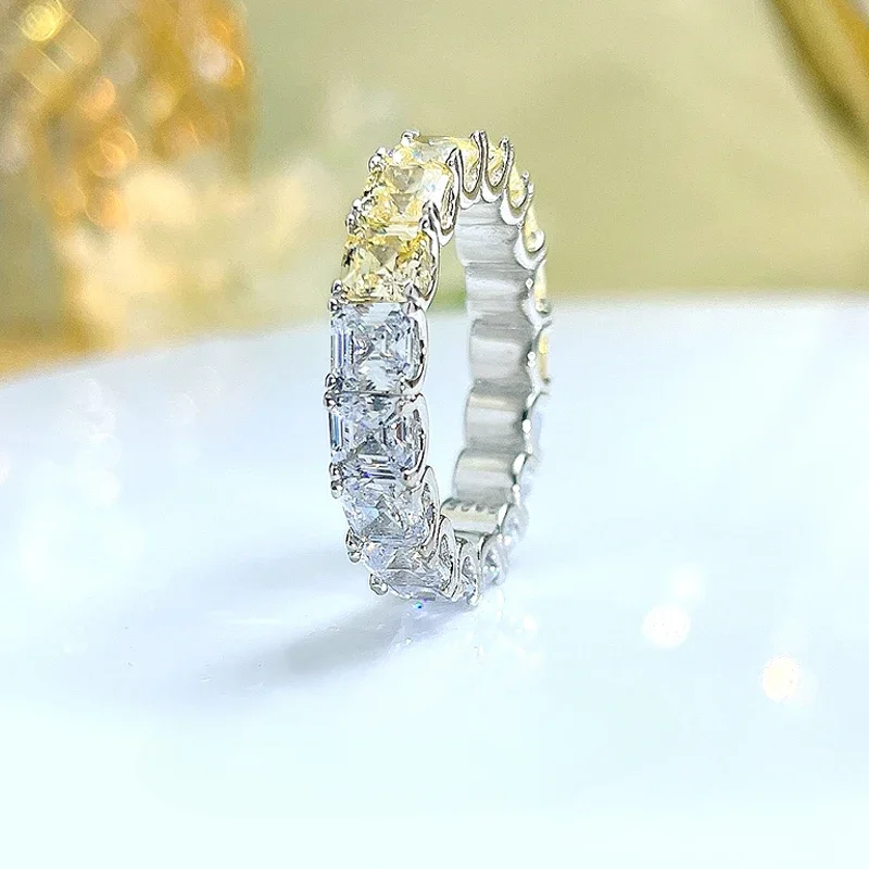 Desire Fashion Luxury Two tone 925 Silver Row Diamond Ring High Carbon  Princess Square Personality