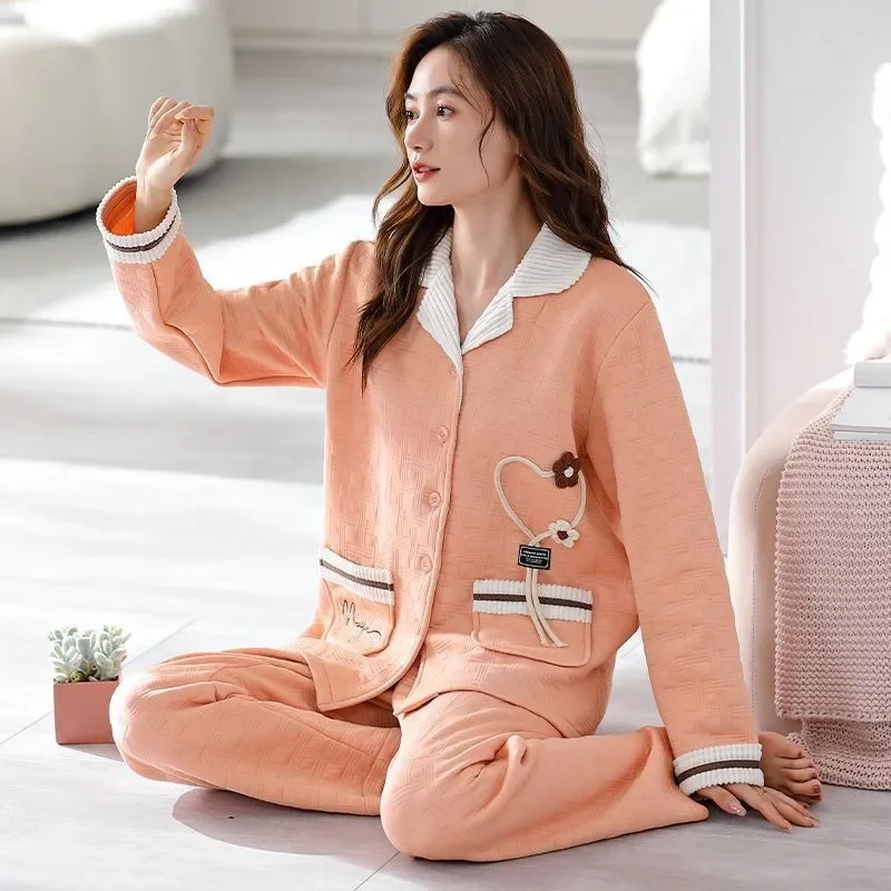 2024 New Autumn Winter 100% Pure Cotton Loungewear Sandwich Pajamas Women's Cotton Warm Sleepwear Plus Size V-neck Homewear Set