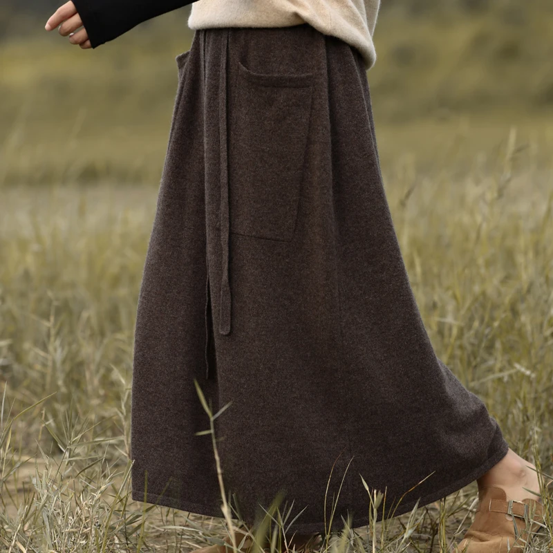 Autumn And Winter Wool Long Skirt Female High Waist Solid Color Buckle Joker Double Pocket Skirt Loose Slim Cashmere Knit Skirt