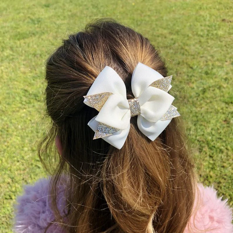 4inch 1/2Pcs Glitter Bow Hair Clips For Girls Boutique Hairgrips Solid Grosgrain Ribbon Hairpins Kids Hair Accessories Headdress