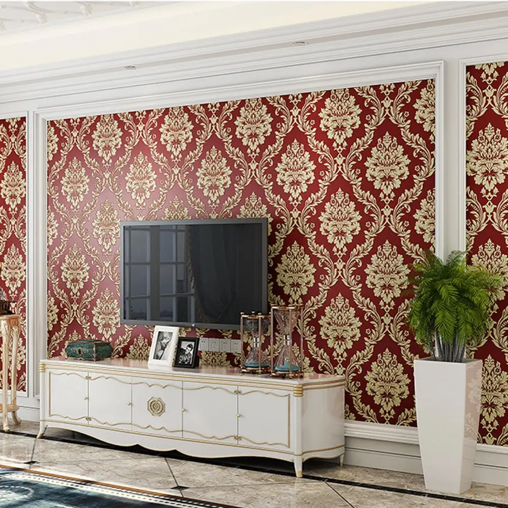 American Rustic Flower Floral Wallpaper Non-woven 3D Embossed Damask Wallpaper Rural Retro Living Room Contact Paper Red Beige