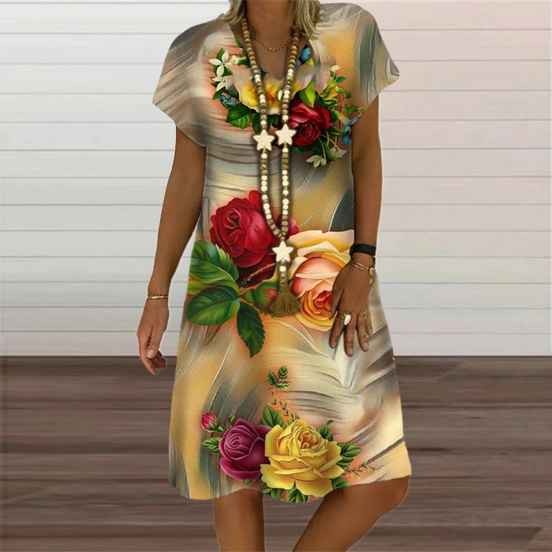 2023 New Women Dresses Summer Fashion Raindrop Flower 3D Print Dress Casual V-Neck Short Sleeve Loose Oversized Clothing Vestido