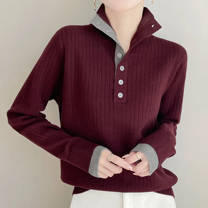 Damen-Rollkragenpullover mit Vintage-Knöpfen, Herbst/Winter, langärmeliger Pullover, Modetrends, weiche und bequeme Strickoberteile