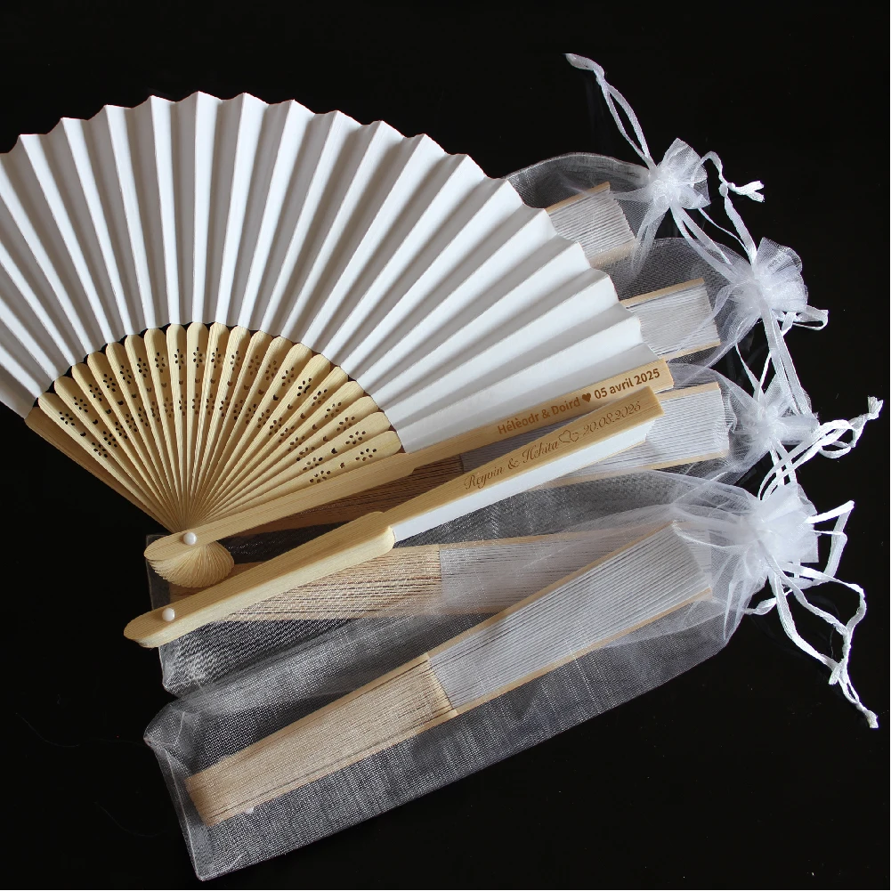 20 // 340/50 مراوح ورقية أنيقة قابلة للطي باللون الأبيض مع نقش شخصي، دش زفاف مع شاش ومراوح مستلزمات حفلات الزفاف المحمولة #2