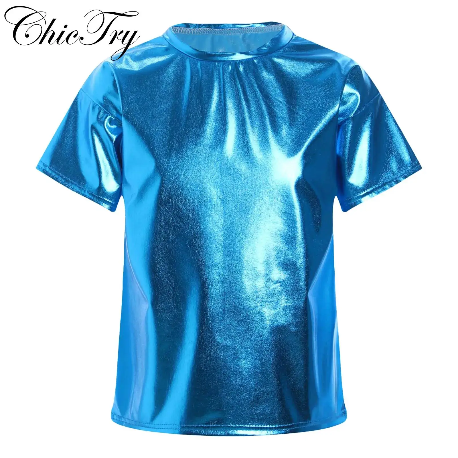 Kids Girls Boys T Shirt Jazz Dance Streetwear Tops Metallic Shiny Short Sleeve Round Neck T-shirt Fashion Performance Costumes