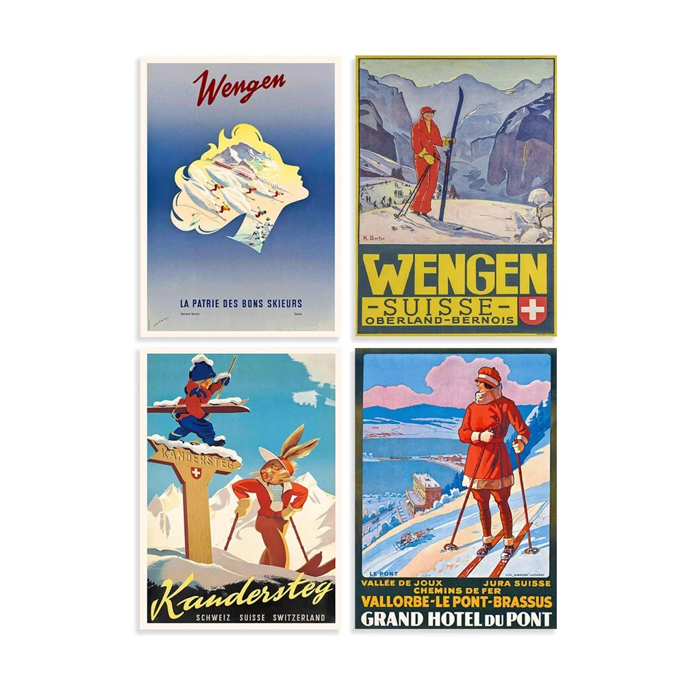 Kandersteg, Suiza - Wengen, Suiza - Noruega - Gran Hotel du Pont, Suiza - Póster de viaje vintage