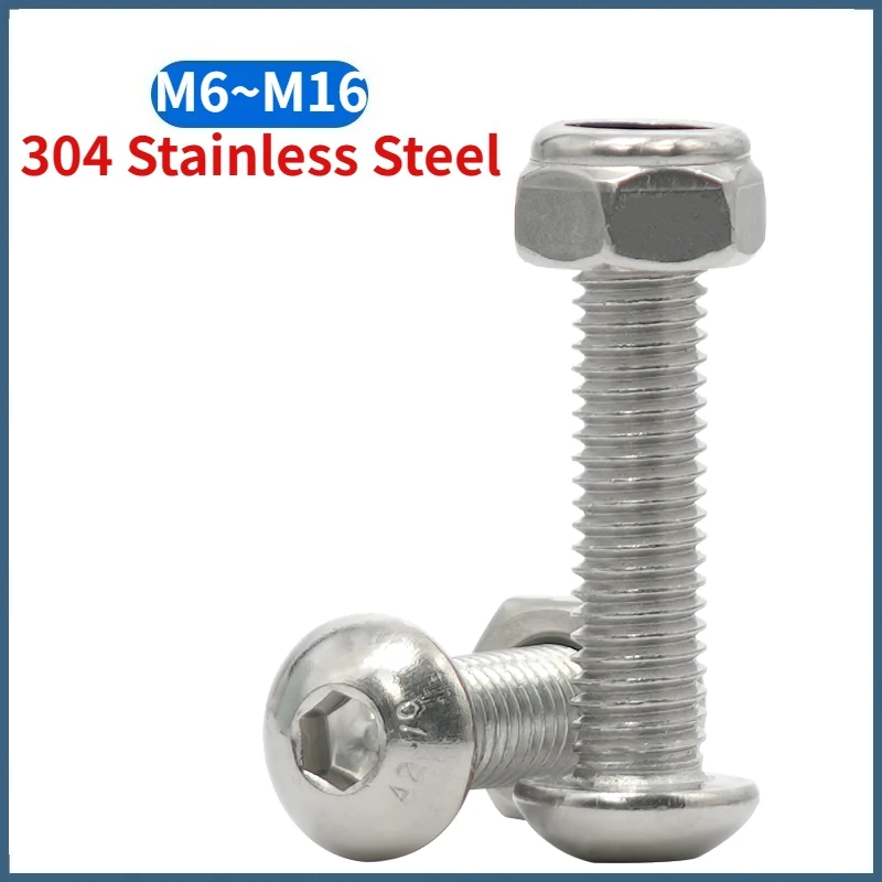 M6 M8 M10 M12 M16 A2 304 Stainless Steel Button Screws Allen Socket Dome Bolts And Nylon Insert Hex Lock Nuts Set