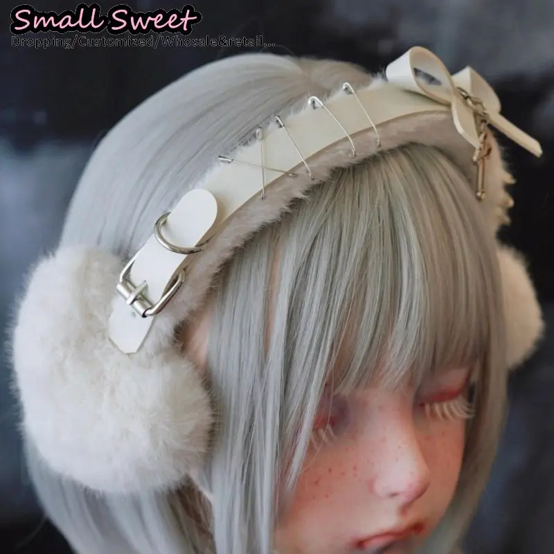 فاسق القوطية دبوس برشام الجلود القوس غطاء للأذنين الأبيض أفخم ثقافة فرعية Y2K فتاة الصليب حماية الشتاء غطاء للأذنين طوي الأذن الدافئة