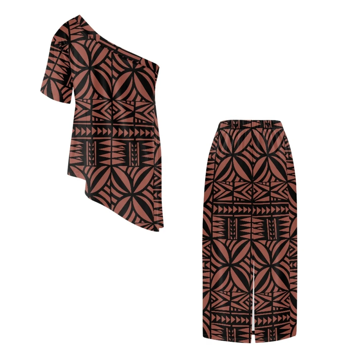 ชุดเดรสสไตล์ชนเผ่าแปซิฟิกแบบซามัว ปูเลตาซี สีน้ำตาลแบบสั่งทำพิเศษ ผ้าตาปา ตัดเย็บแบบไหล่เดียว ทรงไม่สมมาตร ชุดเดรสออกงานสุดหรู