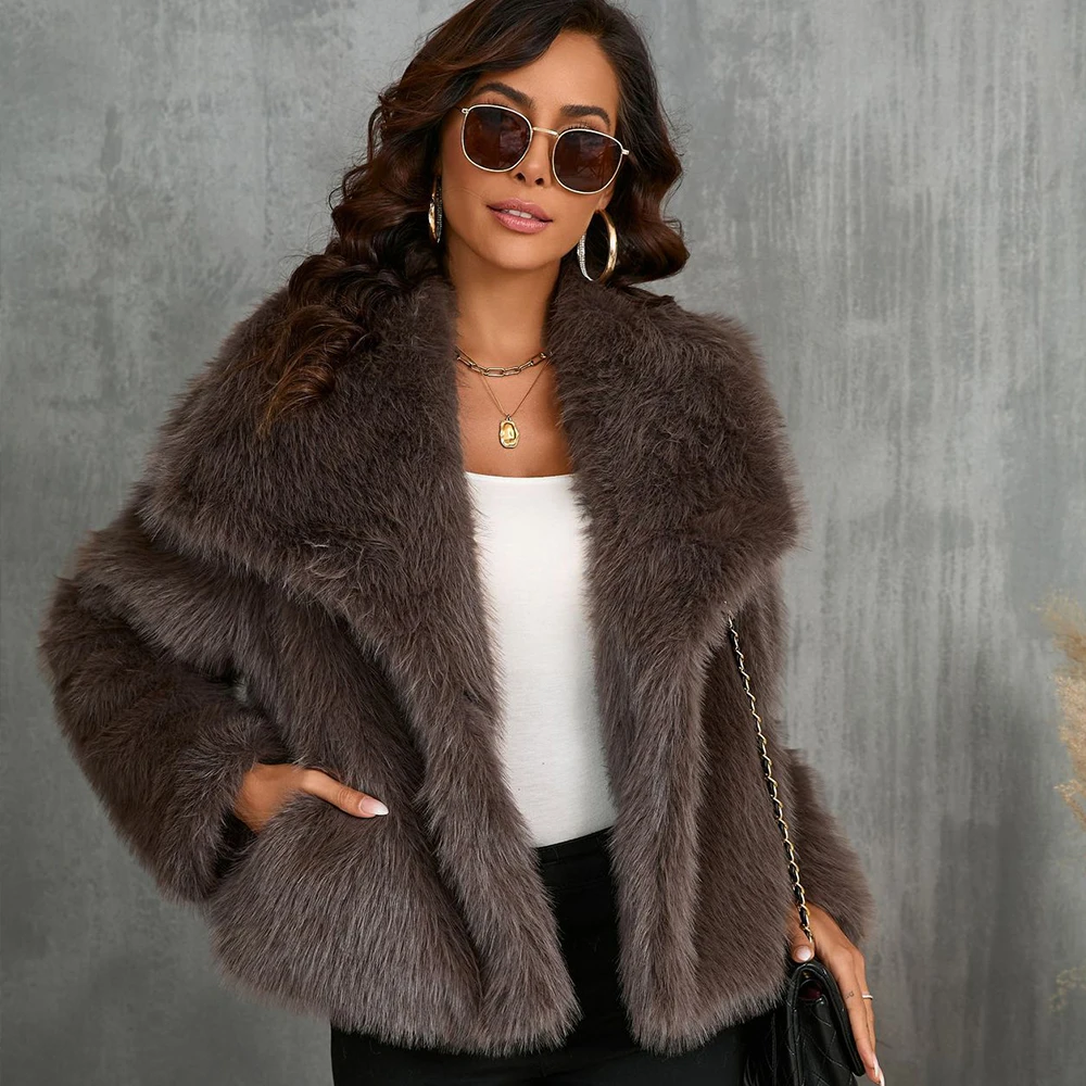 Faux Fur Short Coat for Women, Casual Fashion, Turn-down Collar Long Sleeve, Fox fur, Fluffy plush Autumn, Winter Coats