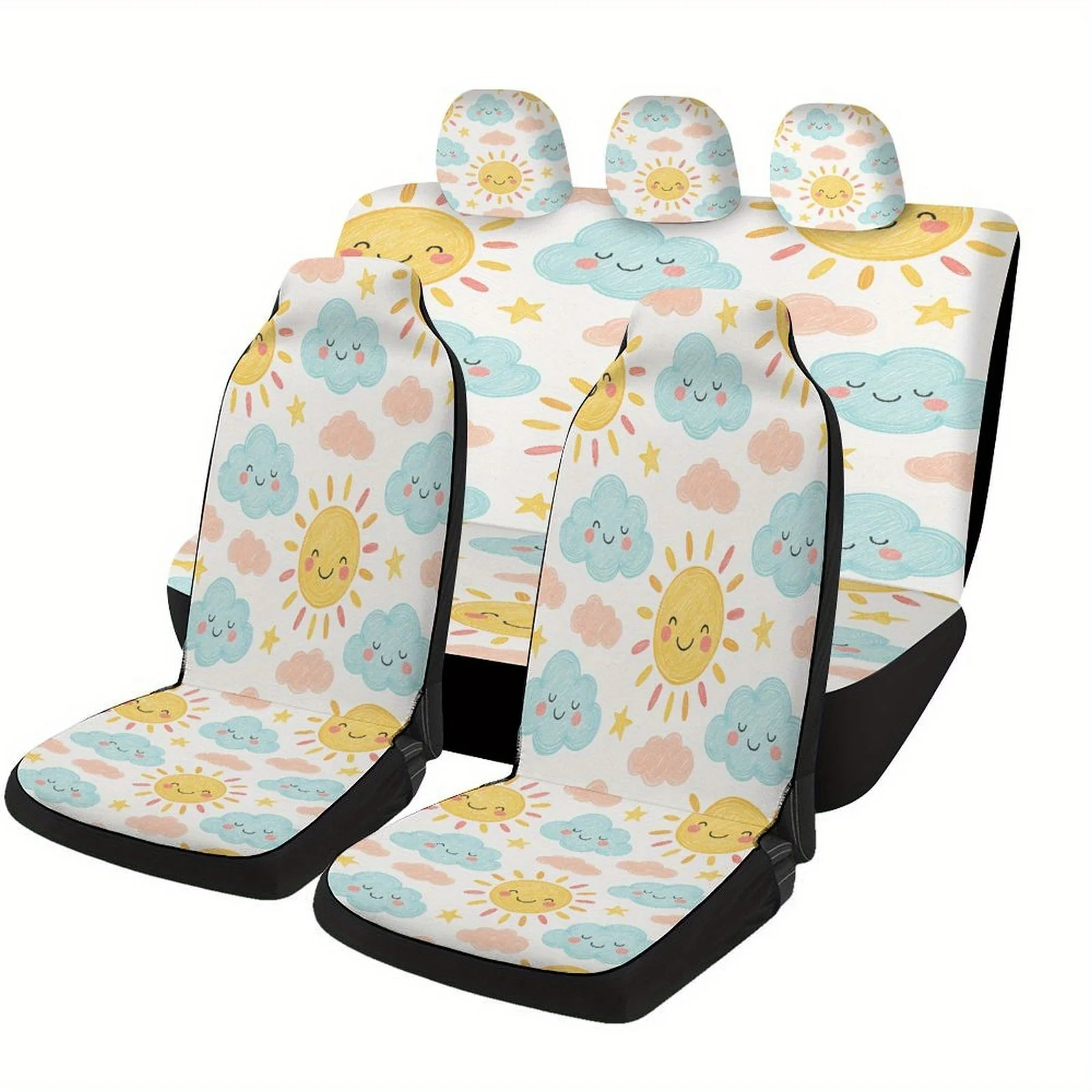 Adorable Sun Cloud Pattern Car Seat Covers Set For Most Cars, Fashionable Decorative Car Seat Protector Covers Full Set, Univers