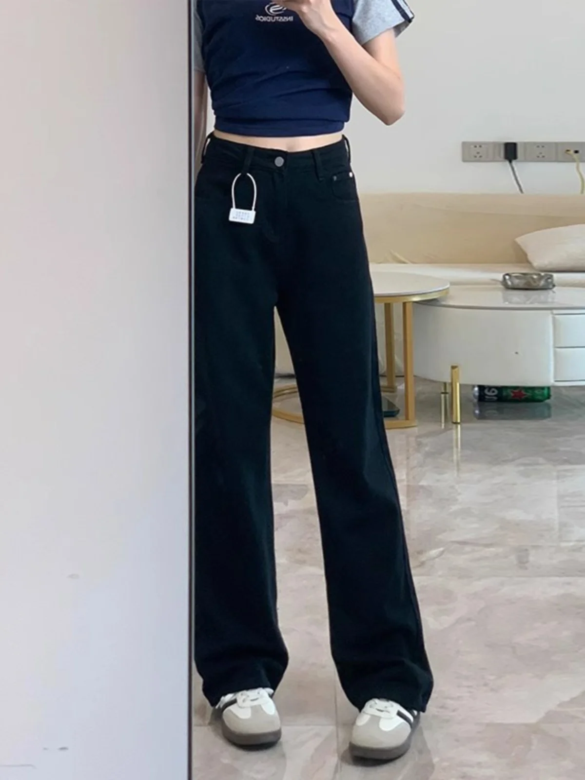 Jeans a gamba dritta a vita alta Bla Pantaloni larghi a gamba larga da donna Autunno New Sle Skinnies in denim affusolati dimagranti per taglie forti