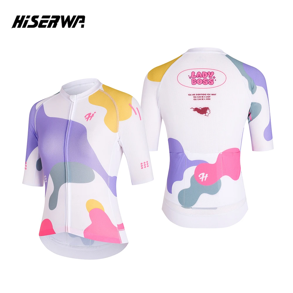 

HISERWA Lady Boss Women Cycling Jersey Short Sleeves Summer UPF 50+ Sun Cycling Jersey Breathable Slim Fit Road Bicycle Shirts