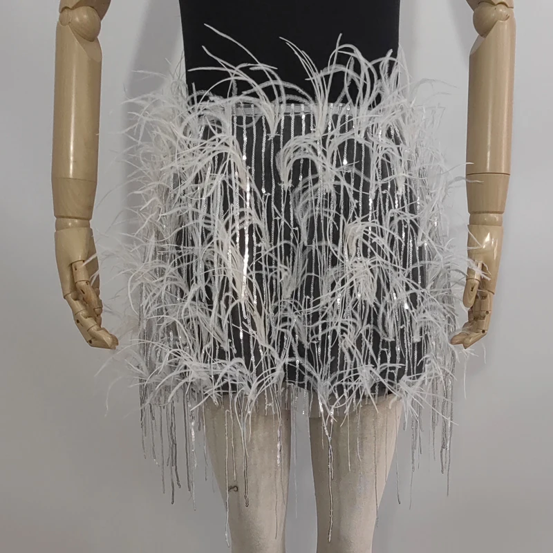 

Real feather Transparent mini skirt, Wrap the chest, two ways to wear it elastic waist clothing, party short skirt tube top