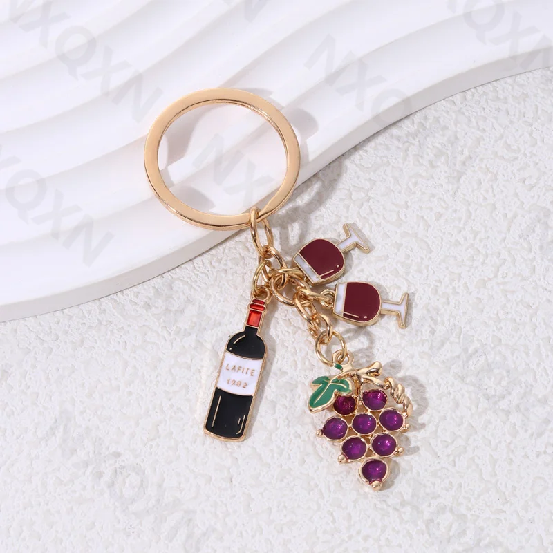 Cute Grape Red Wine Enamel Keychain Party Drink Classic Key Ring For Wine-lover Friendship Gift Handmade Jewelry Set