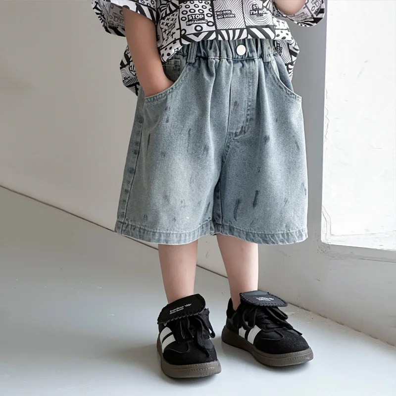 Children Shorts 2024 Summer New Korean Style Paint Jeans Solid Color All Match Casual Pants Fashion Simple Children Clothes