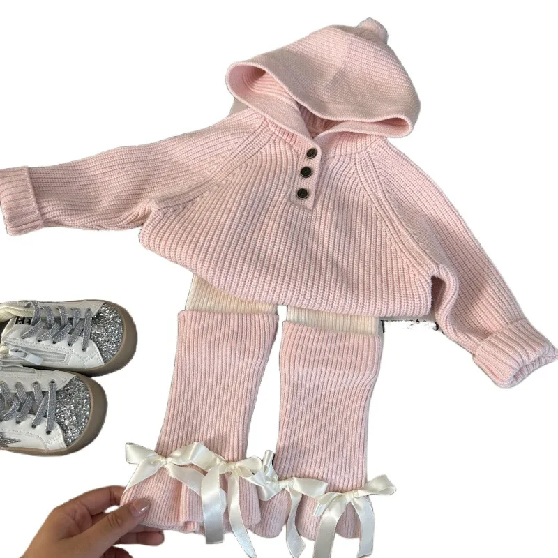 Children's Clothing2025New Autumn Girls' Hooded Knitted Sweater and Knitted Leggings with Slouchy Socks Two-Piece Set Trendy