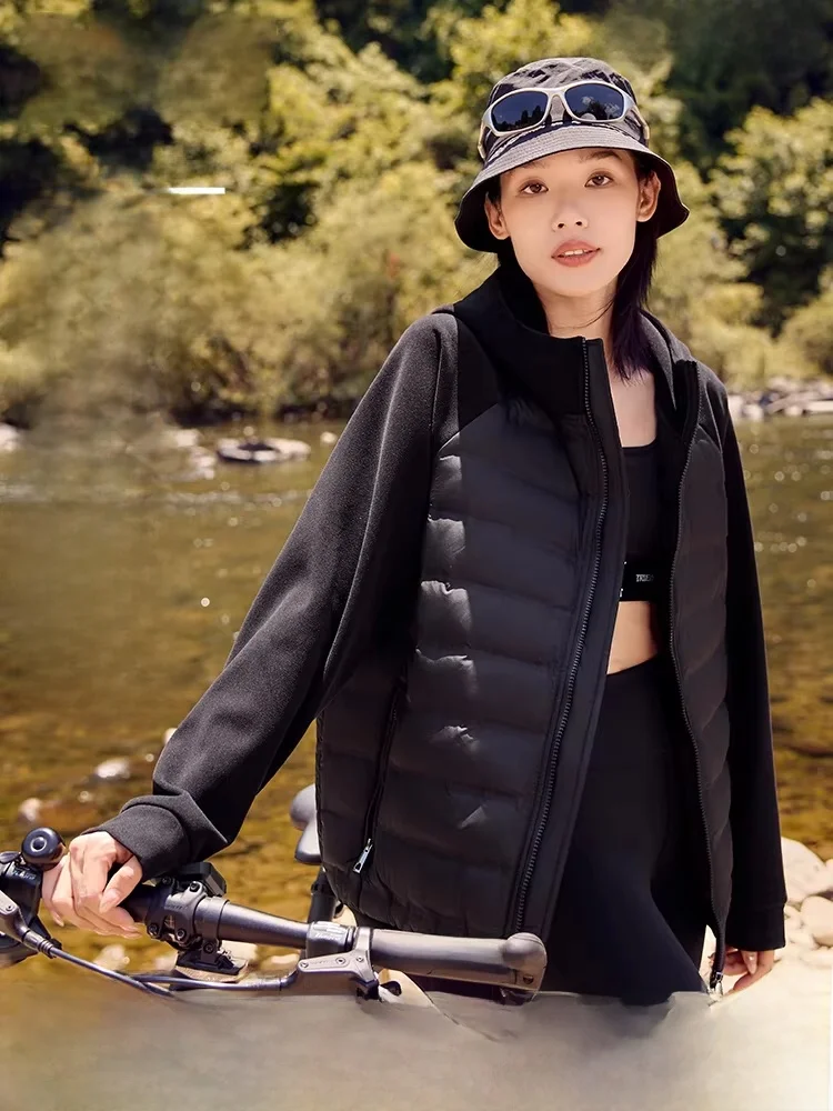 

Женская короткая куртка-пуховик Yaloo, черная, легкая, спортивная, для фитнеса, с молнией и вставками, в городском стиле, на утином пуху