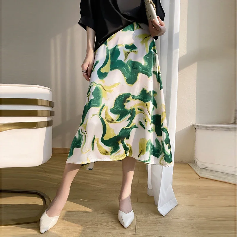 2024 Spring and Summer New Acetic Acid Fabric Skirt Women's High Waist A Long Fashion Floral Dress