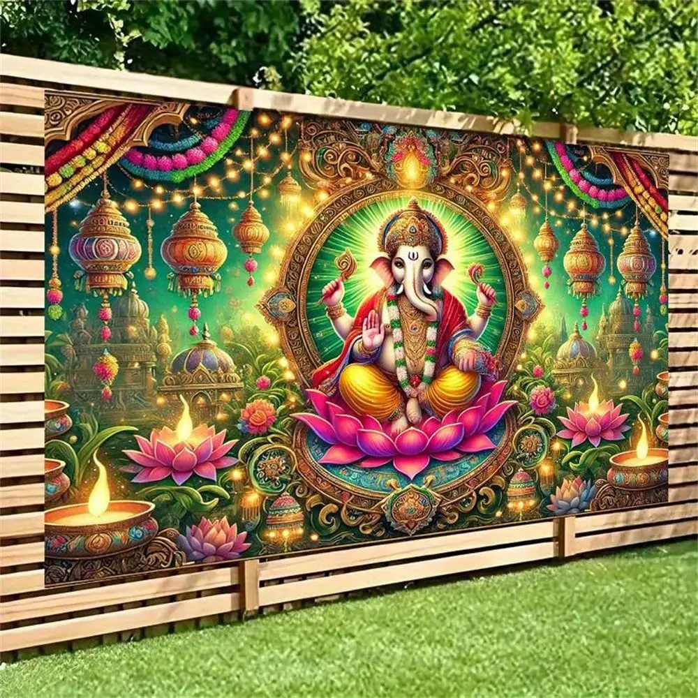 VIKAMA Lord Ganesha Tapestry Wall Hanging Hindu Elephant God Canvas Art for Home Temple Diwali Yoga Decor