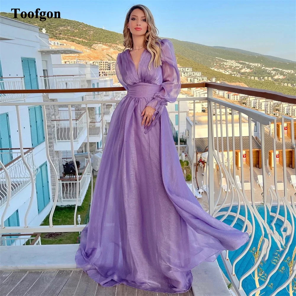 

Toofgon Long Sleeves Organza Prom Dresses Deep V-neck Pleats Women Formal Evening Dress A Line Special Occasion Party Gowns