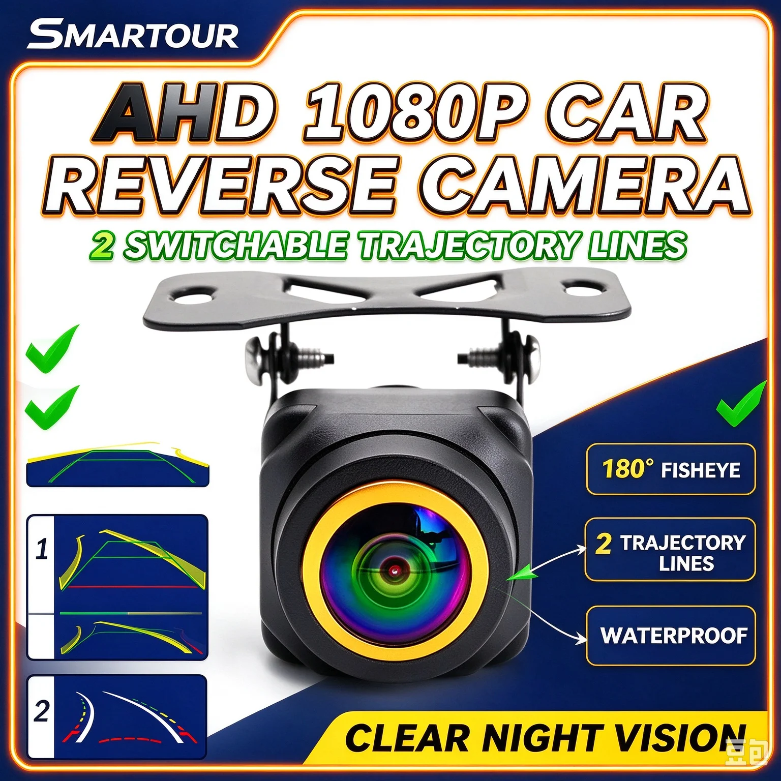 4K AHD 1080P Dynamic Trajectory Rear View Camera, Car Backup Reverse Camera, 3 Modes CVBS AHD720P AHD1080P Parking Assist Camera