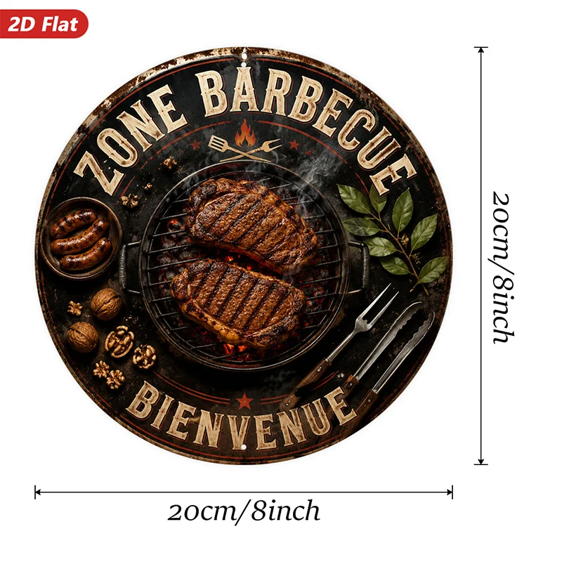 2D Flat, 1pc Barbecue Grill Round Metal Sign Wall Art, Home Decor, ZONE BARBECUE Welcome Text, Perfect for Corner Garden Studio,