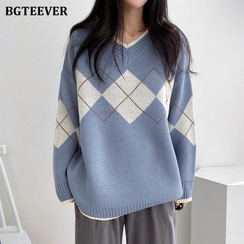 BGTEEVER Casual V-neck Warm Knitwear Autumn Winter Women Sweater Argyle Patchwork Ladies Pullovers Jumpers Loose