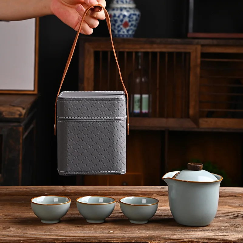 

Ru Kiln Travel Tea Set Quick Customer Cup One Pot Three Cups Storage Bag Portable Outdoor Companion Gift