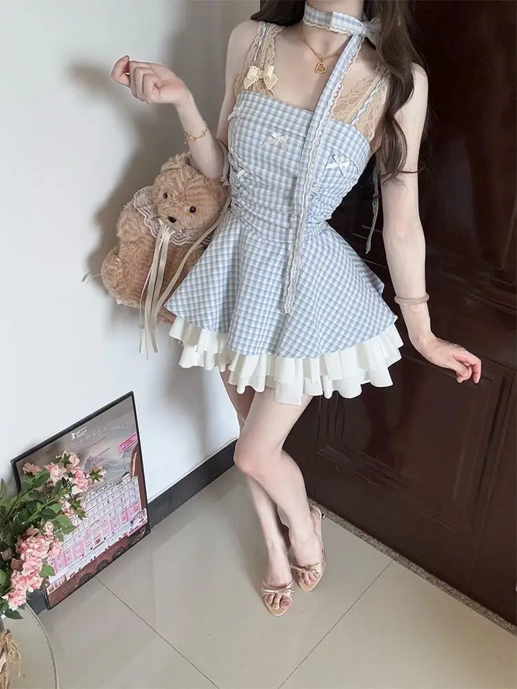 Vestido Mini Dulce de Verano para Mujer, con Cuello Halter, Cuadros Vichy, Lazo Azul, Encaje Frontal, Volantes en el Bajo, Ajuste Delgado, Estilo Cottagecore Lolita Princesa Coreana