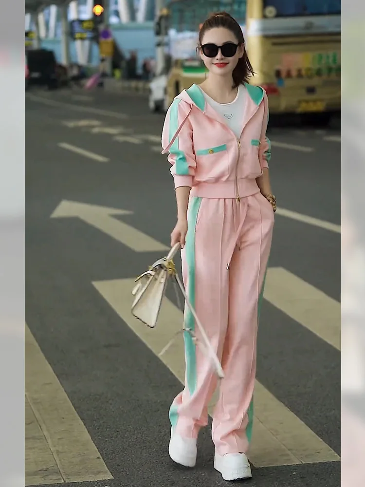 Pink Casual Sports Style two-Piece set for Women\'s Spring 2024 new Korean Version Zippered Hoodie Jacket Wide leg Pants set 2XL