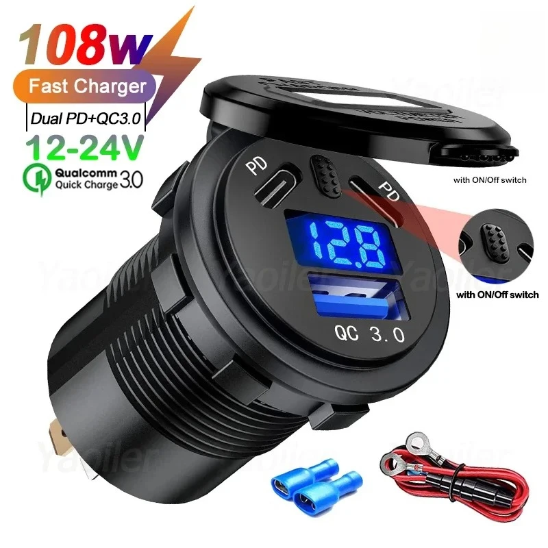 

12V USB Outlet 108W Dual PD USB-C Port Quick Charge 3.0 Car USB Charger Socket Waterproof Power Outlet w/ Voltmeter Switch