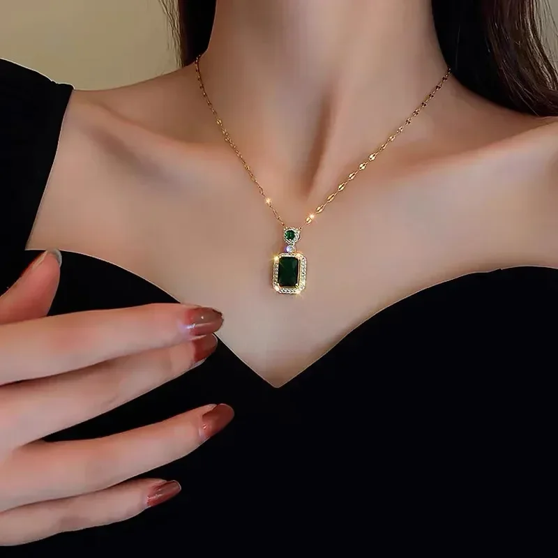 Luxury Emerald Color Earring Necklace Rings Set For Woman Stainless Steel Zircon Rectangle Pendant Necklace Party Jewelry Gift