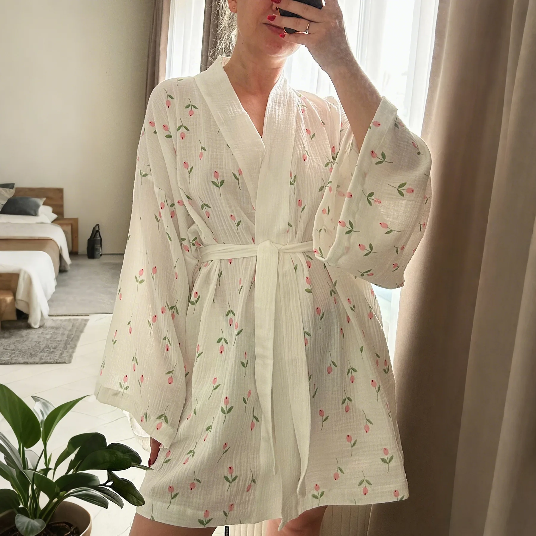 Printed Crepe Cotton Long-sleeved Lace-up Comfortable Pajamas and Nightgown 2026 Autumn New Women's Home Wear