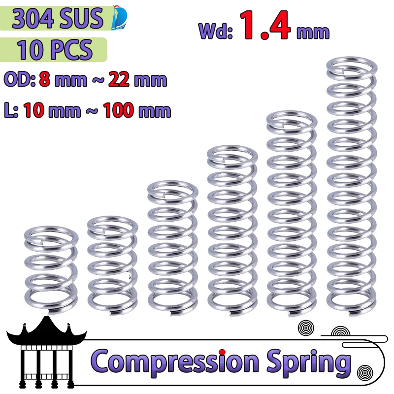 Wire Diameter 1.4 mm Compressed Spring 304 Stainless Steel Return Springs Spot Goods Spring OD 6mm-22mm Length 10mm-50mm 10Pcs