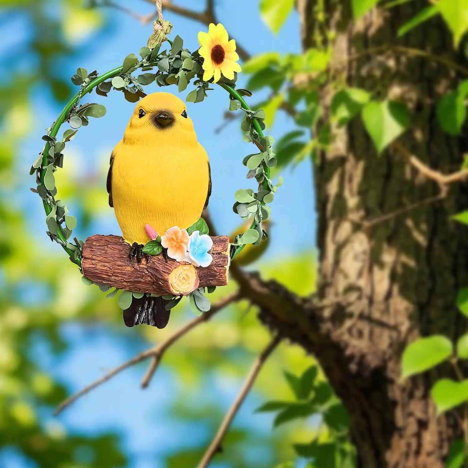 

Cute Garden Statues Hanging Ring Bird, Art Décor Ornaments Swing Birds Figurine Sculpture for Pathways Patio Office Indoor Tree