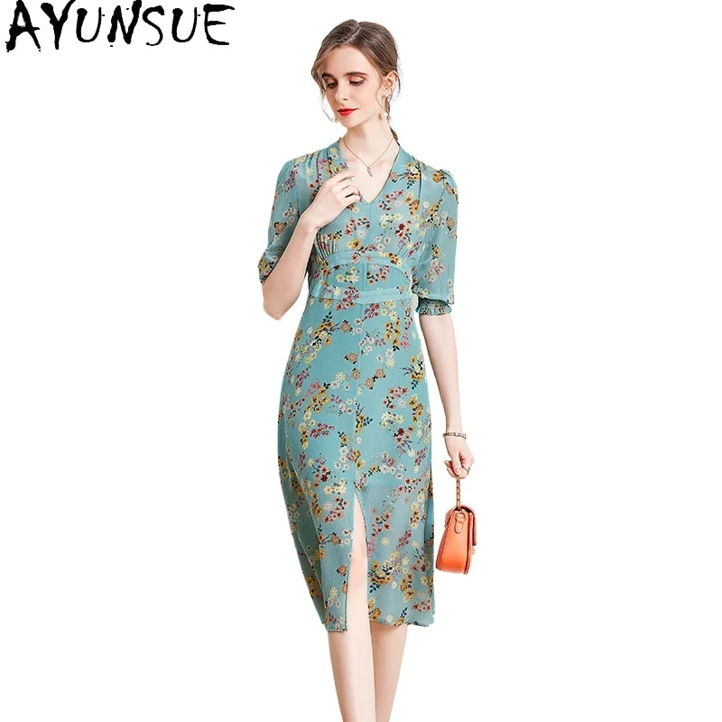 

AYUNSUE 100% Mulberry Silk Dress Women Clothes Elegant Women's Dresses Fashion Summer Dress 2024 Midi Dress Vestidos De Mujer