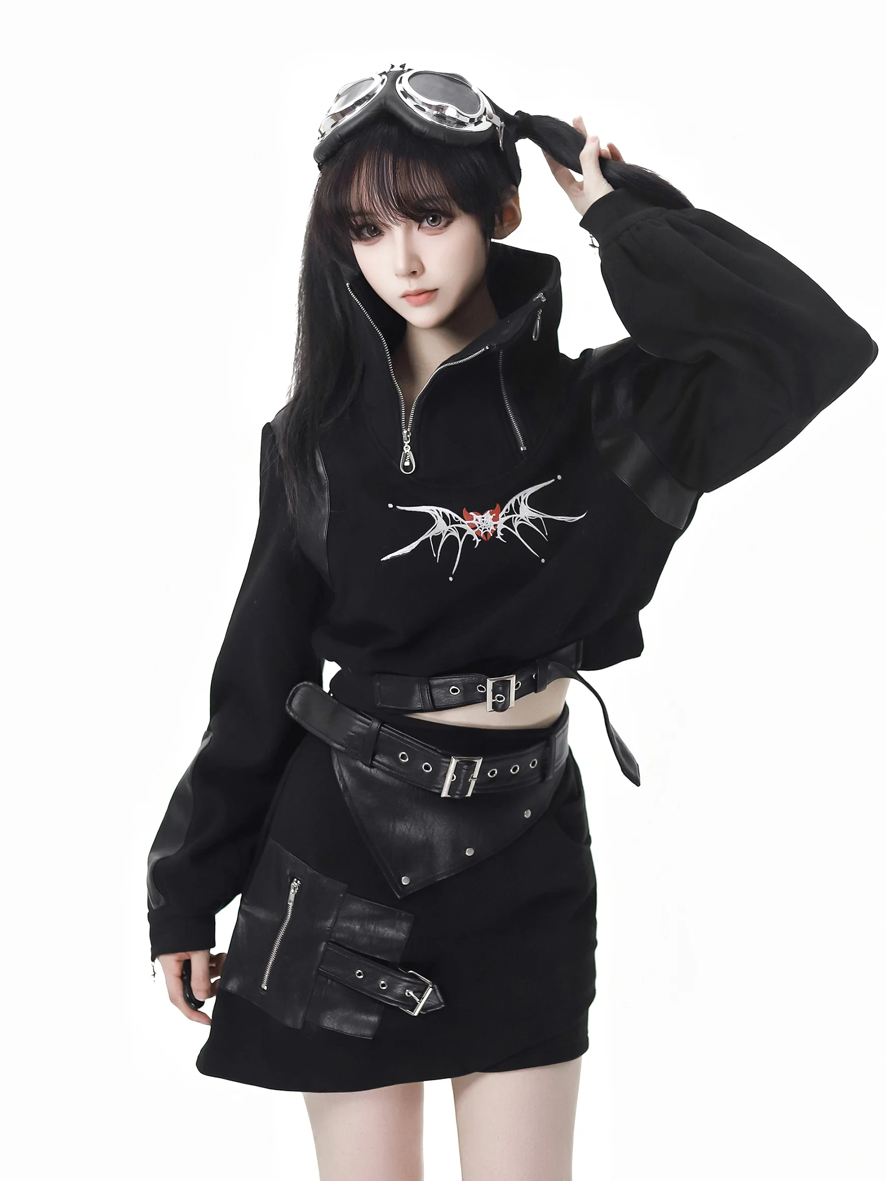 Sweet Cool Street Style Dark Halloween Double Zipper Stand Collar Long Sleeve Pu Splicing Print Fleece Sweatshirts Women Autumn