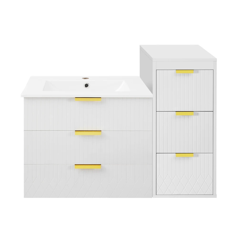

24 inch wall mounted modern bathroom cabinet with side cabinet combination, rectangular vanity with ceramic basin sink