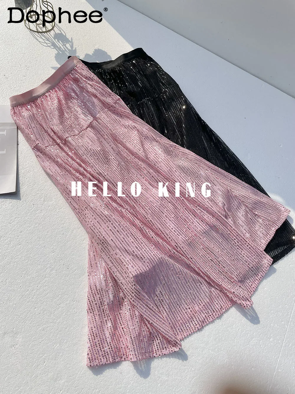 2024 Spring Summer New Loose Tight Waist Sequined Chic Skirt Women Pink High Waist Drooping Fashionable Shiny A- Line Skirts