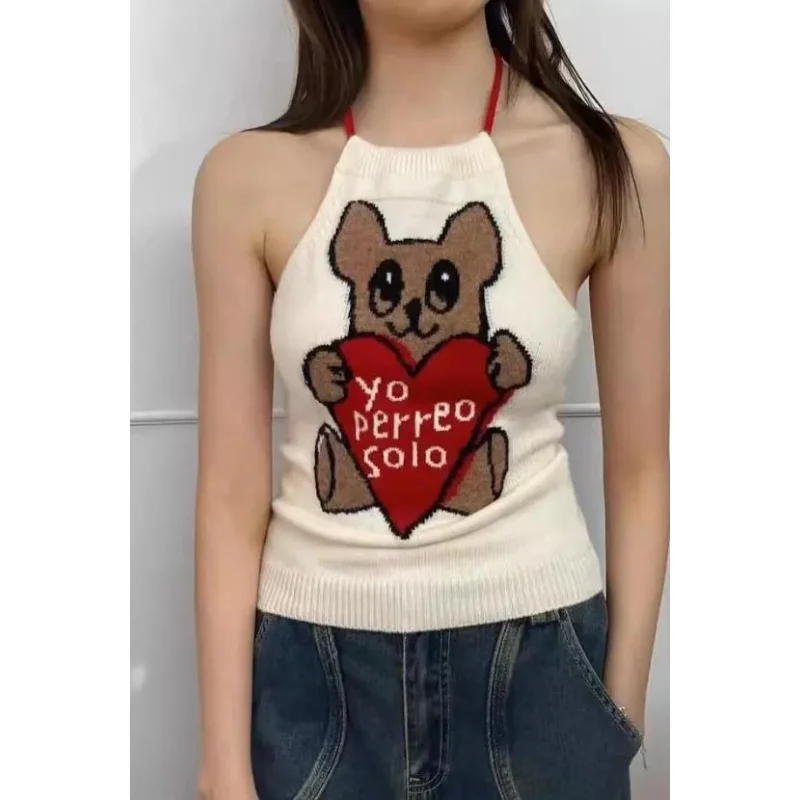 Knitwear Knit Halter Sleeveless Camis Women Bodycon Knitted Backless Top bear cute fairy grunge y2k sexy korean fashion clothing