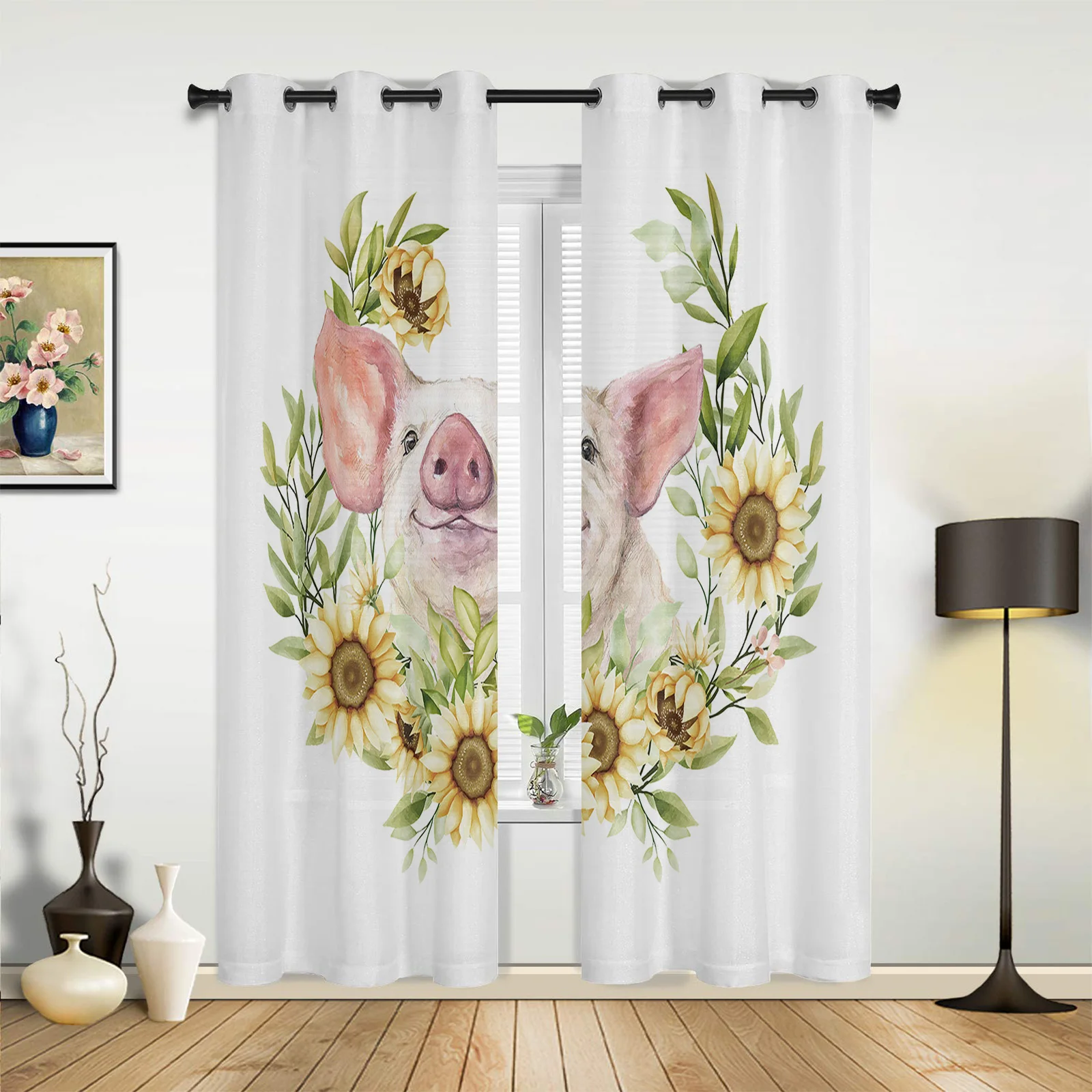 

Flower Sunflower Pig Animal Farm Window Curtains In The Living RoomKitchen Window Curtains Hotel Printed Drapes