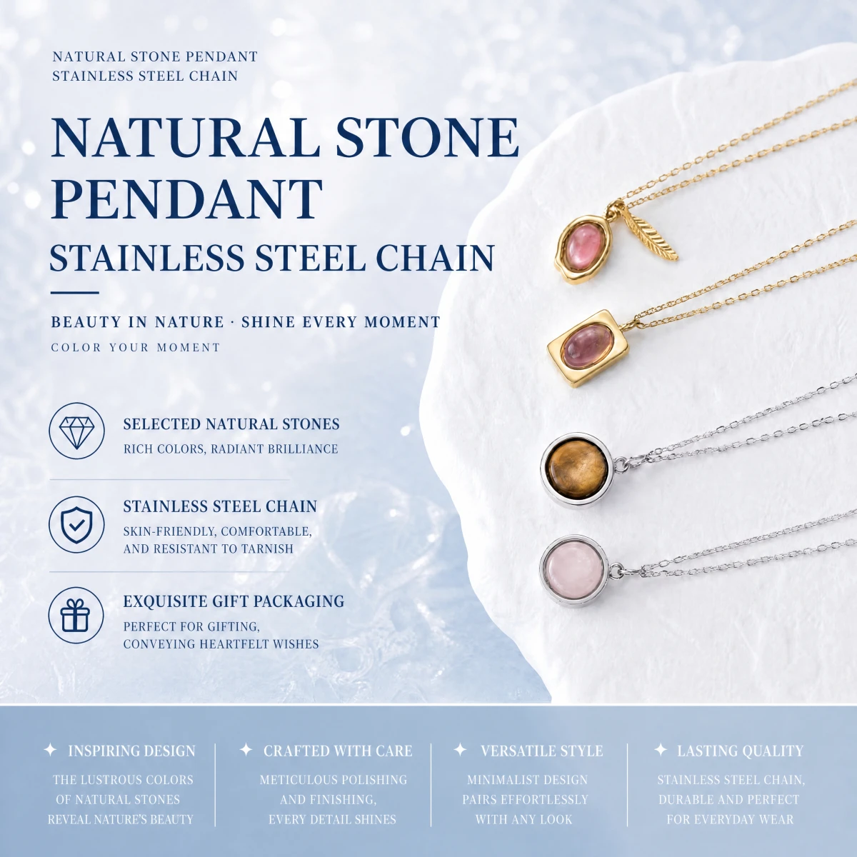 Natural Amethyst Tiger Eye Rose Quartz Pendant Necklace Gold Tone Stainless Steel Jewelry Fashion Gift for Women Men Handmade