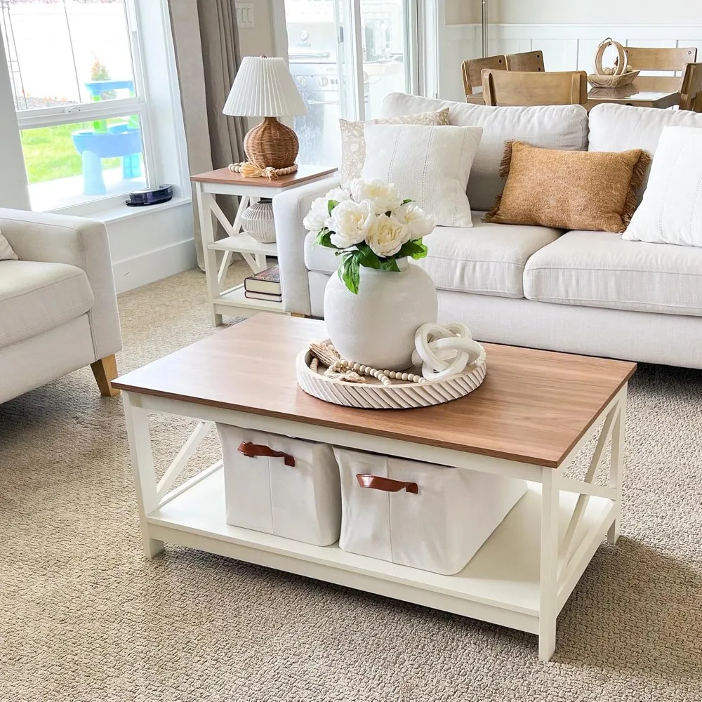 

Farmhouse Coffee Table for Living Room, White Coffee Tables with Storage Rustic Style Modern