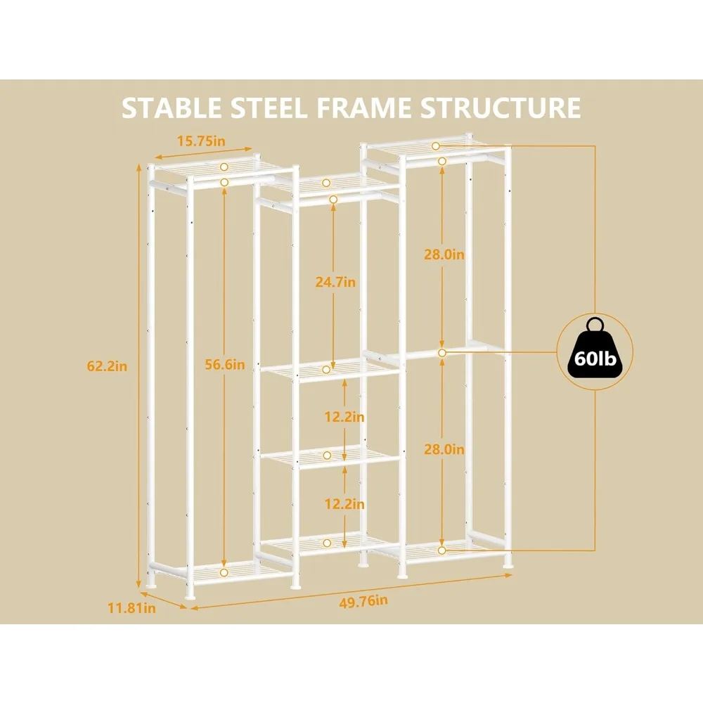 خزانة ملابس، 4 مساحات تعليق، رف ملابس محمول، منظم خزانة قائم بذاته ونظام تخزين مع قضبان تعليق، كلو #3