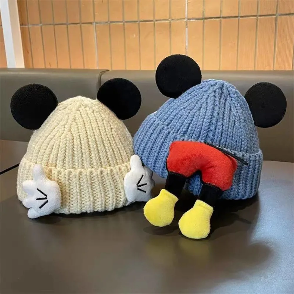 ديزني ميكي ماوس قبعة متماسكة مع آذان لطيف ميكي ماوس الهيب هوب قبعة مع تصميم الكرتون قبعة الشتاء الدافئة والرياح MINISO