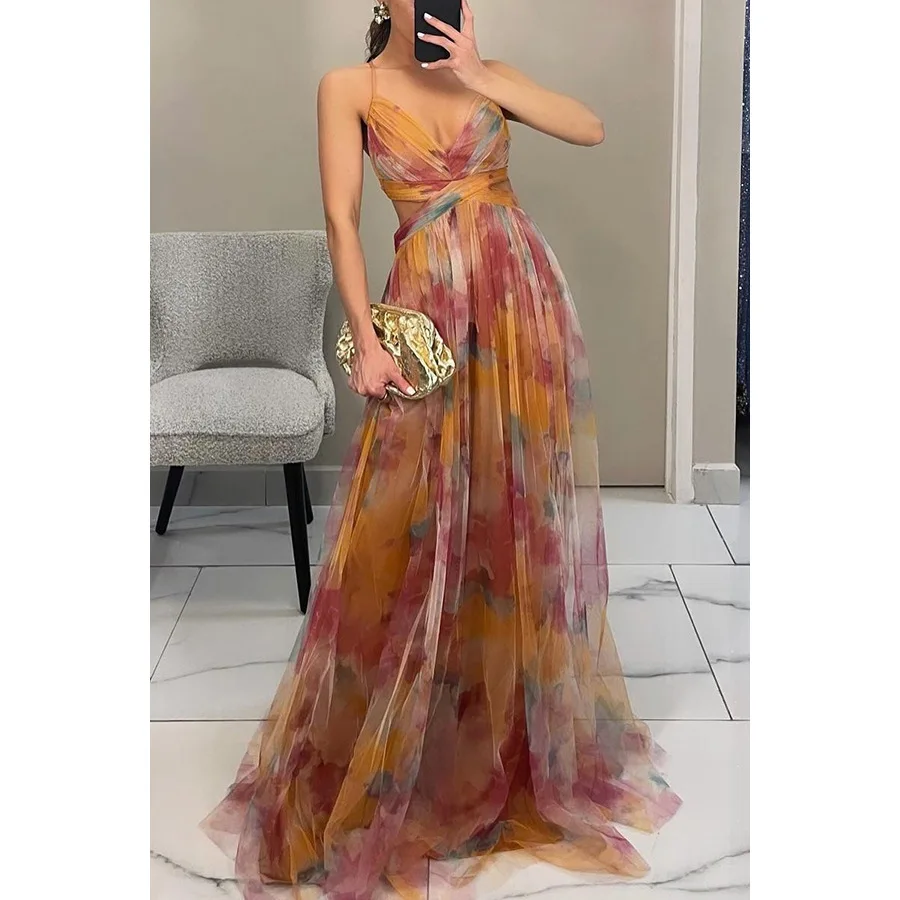 Abito estivo da donna nuovo con cinturino con stampa a rete Abito lungo casual maxi con scollo a V Abito colorato sexy